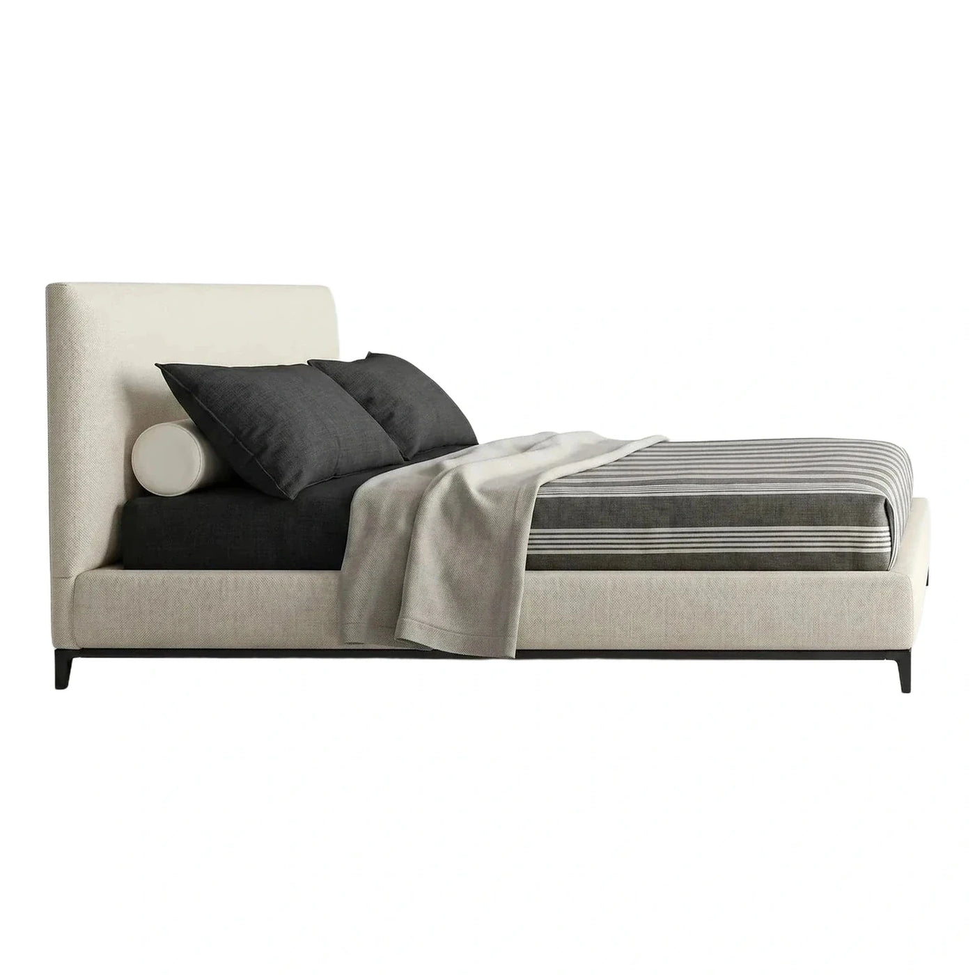 Modern Cream Upholstered Platform Bed with Metal Legs