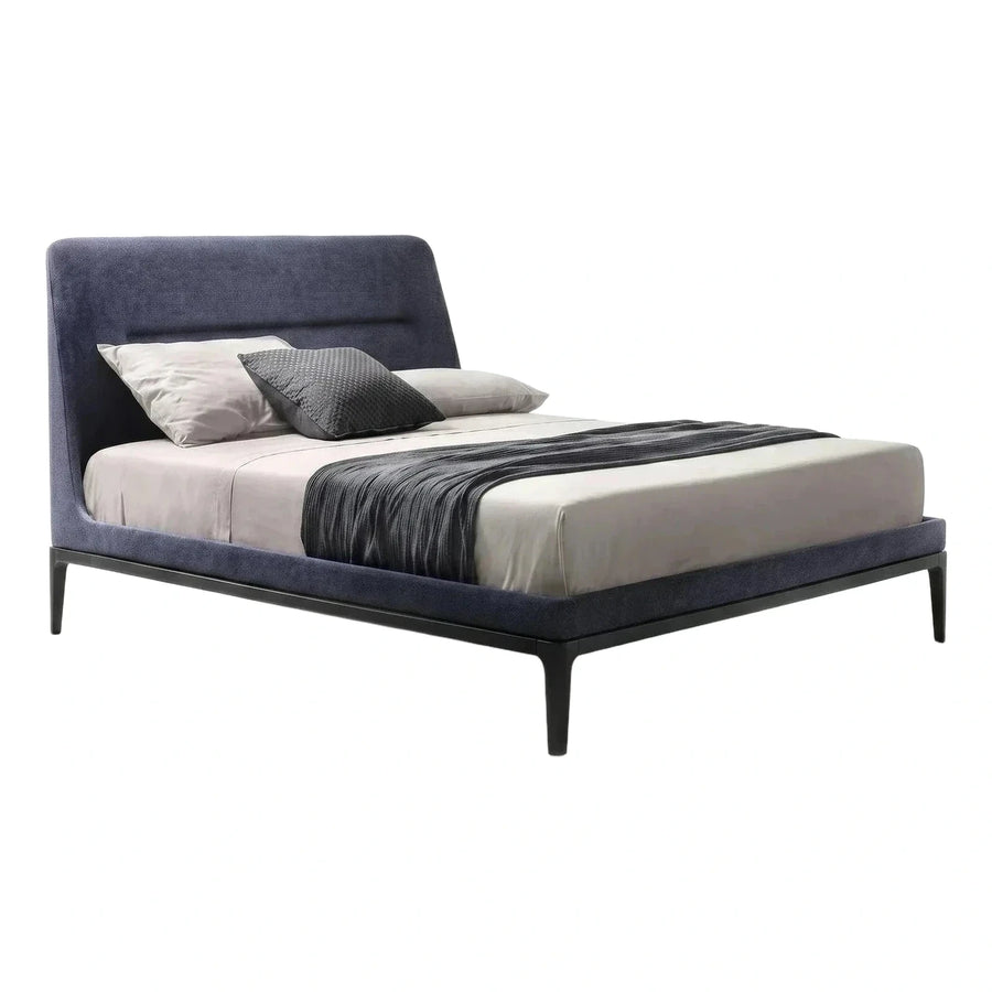 Blue Upholstered Platform Bed with Black Tapered Legs