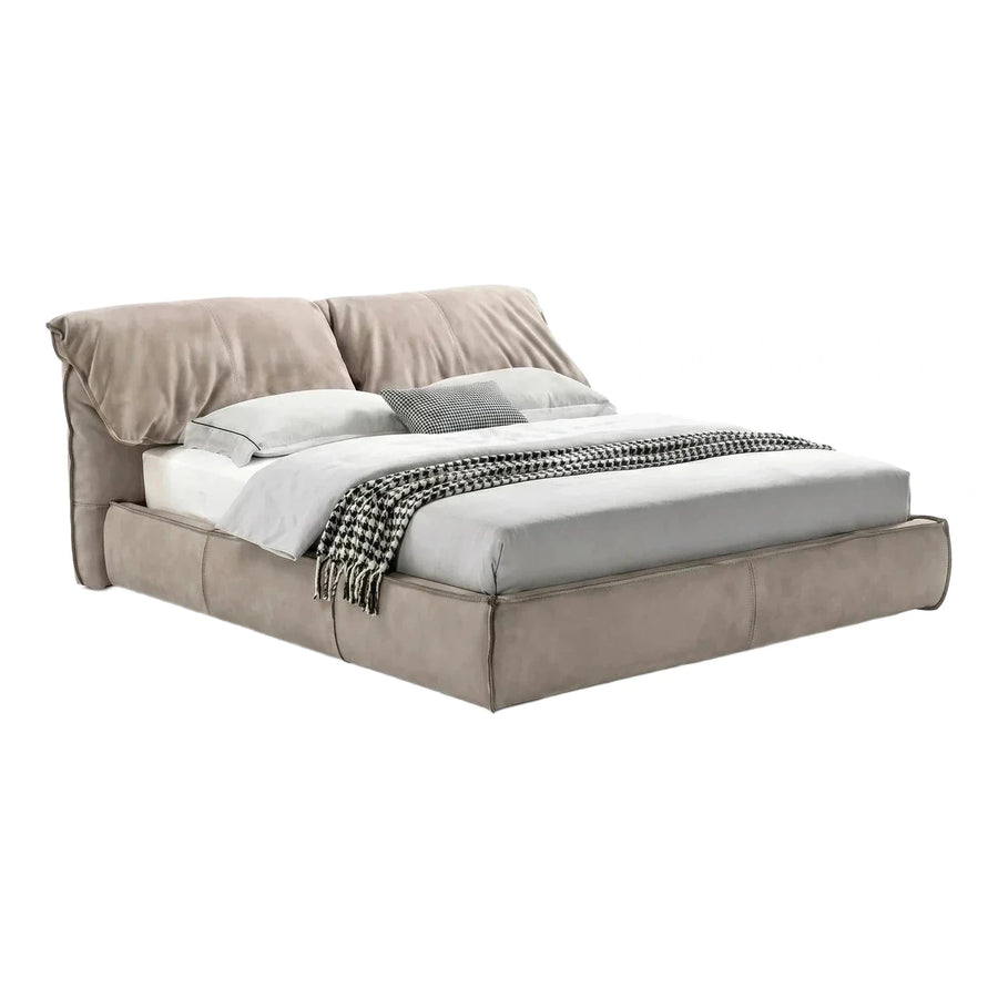 Modern Beige Upholstered Platform Bed with Plush Headboard