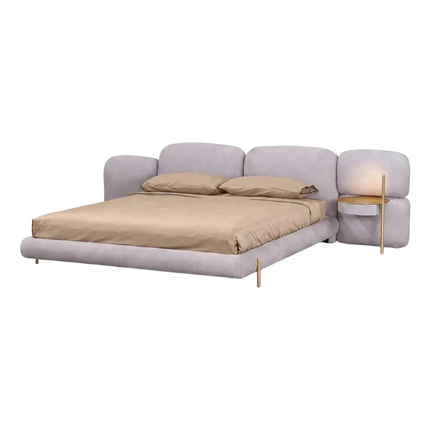 Modern Grey Upholstered Platform Bed With Side Table