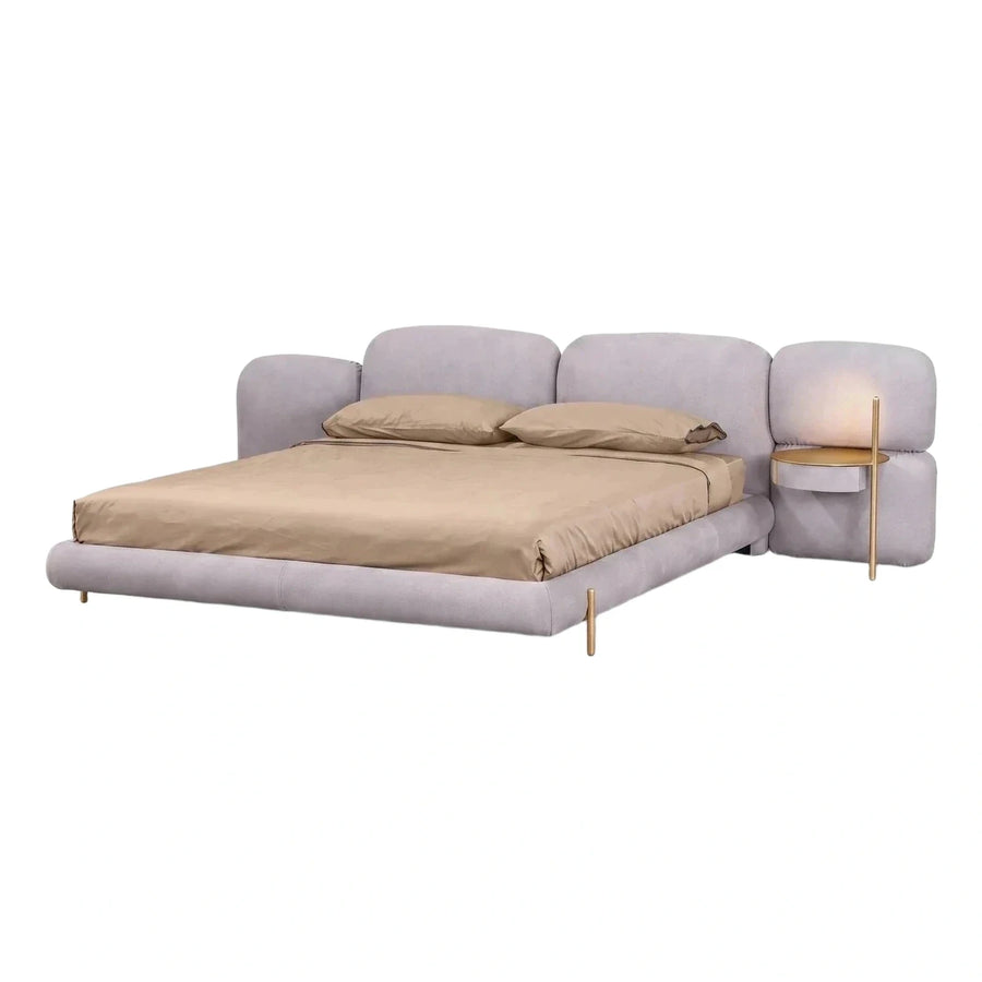 Modern Grey Upholstered Platform Bed With Side Table