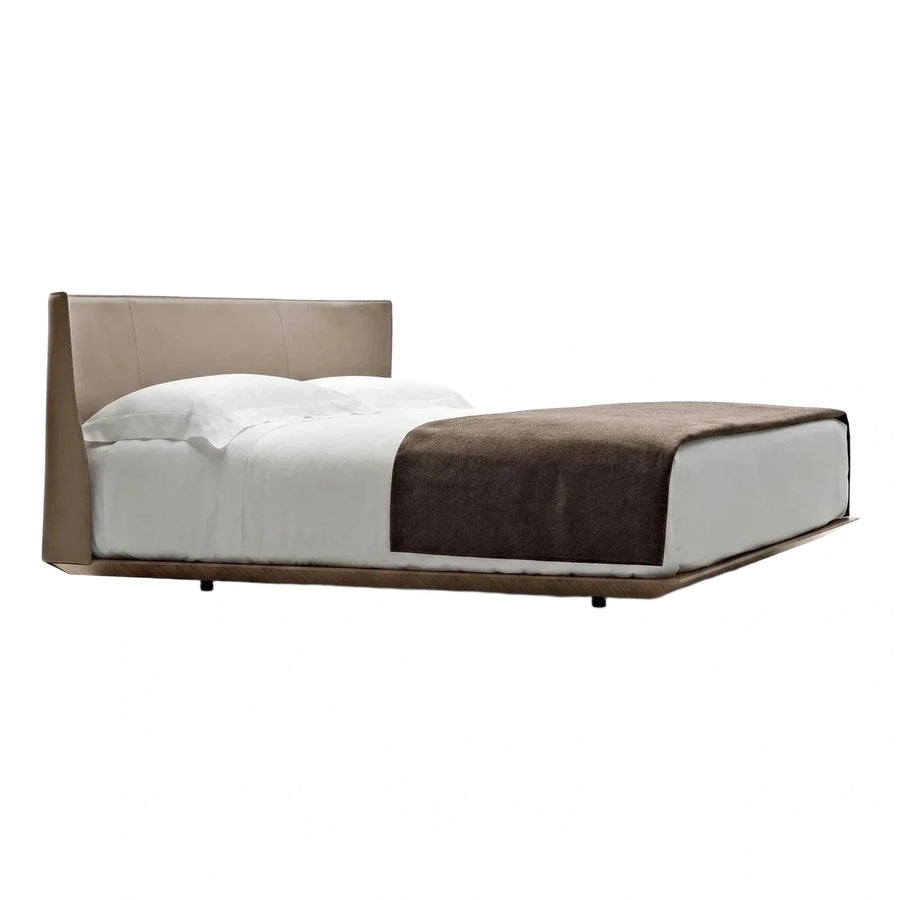 Modern Beige Upholstered Platform Bed with Wood Base
