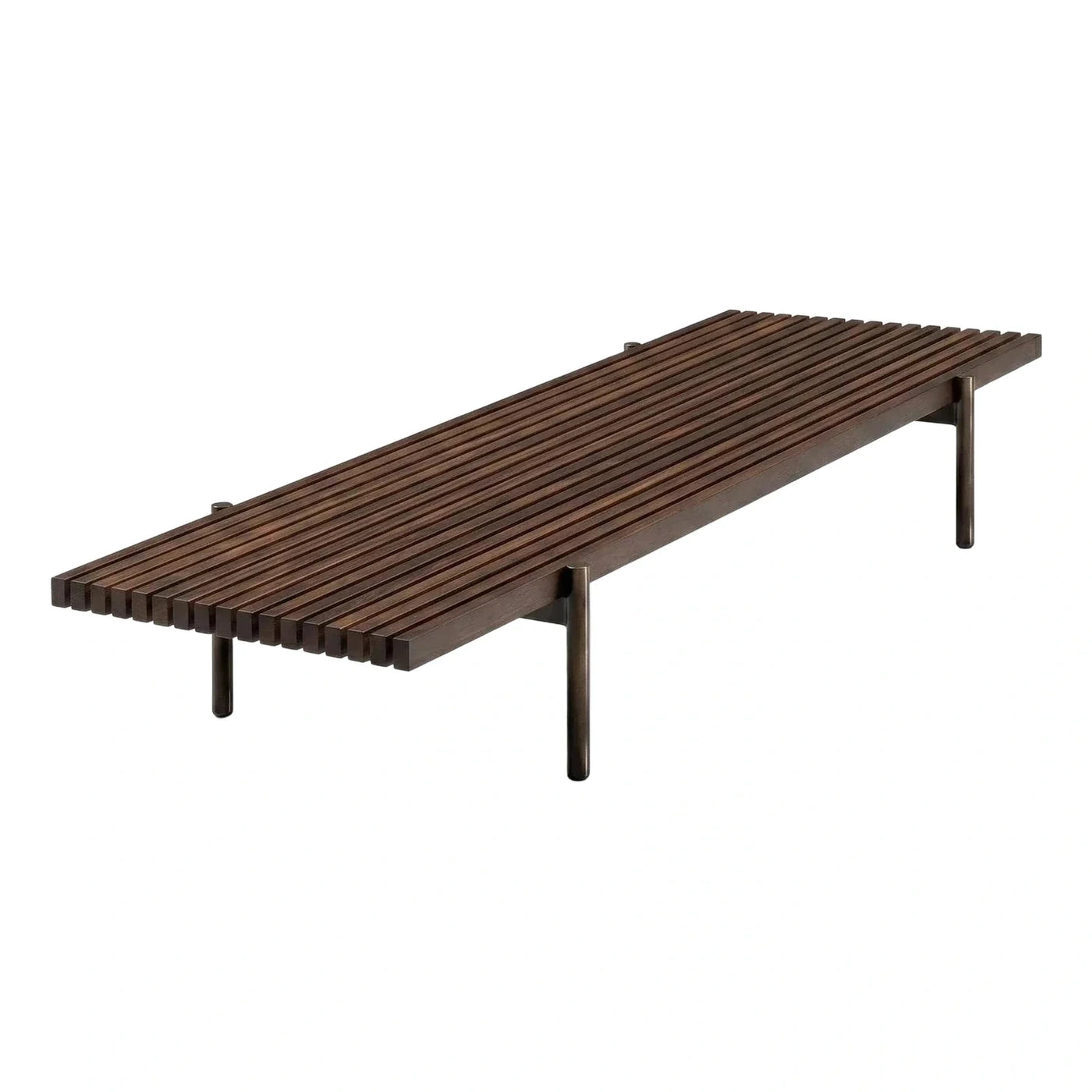 Modern Dark Wood Slatted Bench with Metal Legs