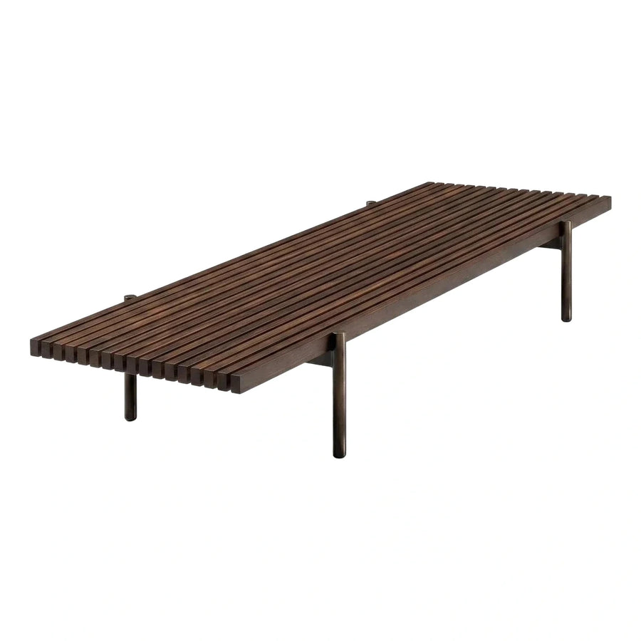 Modern Dark Wood Slatted Bench with Metal Legs