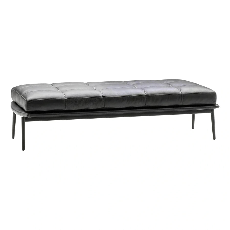 Black Tufted Leather Bench with Tapered Legs