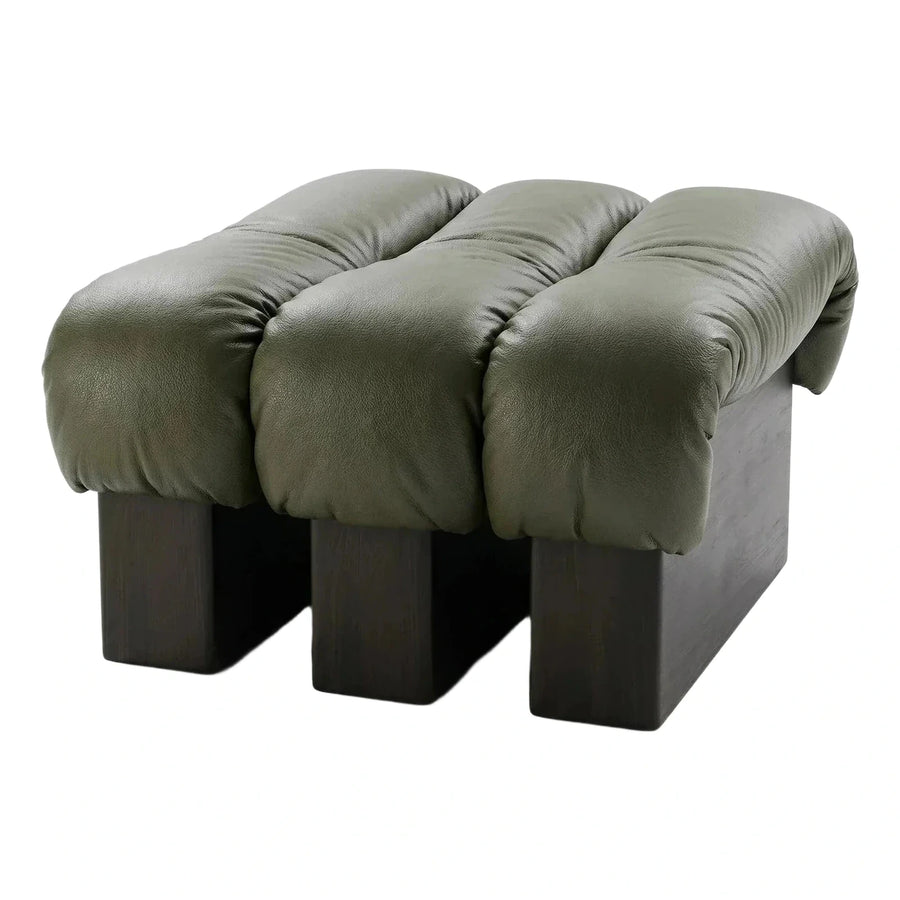 Olive Green Leather Bench with Dark Wood Base