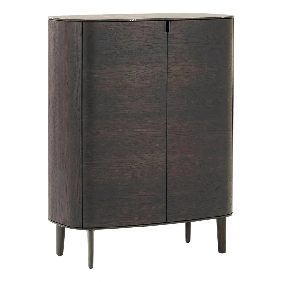 Curved Dark Wood Two-Door Cabinet with Stone Top