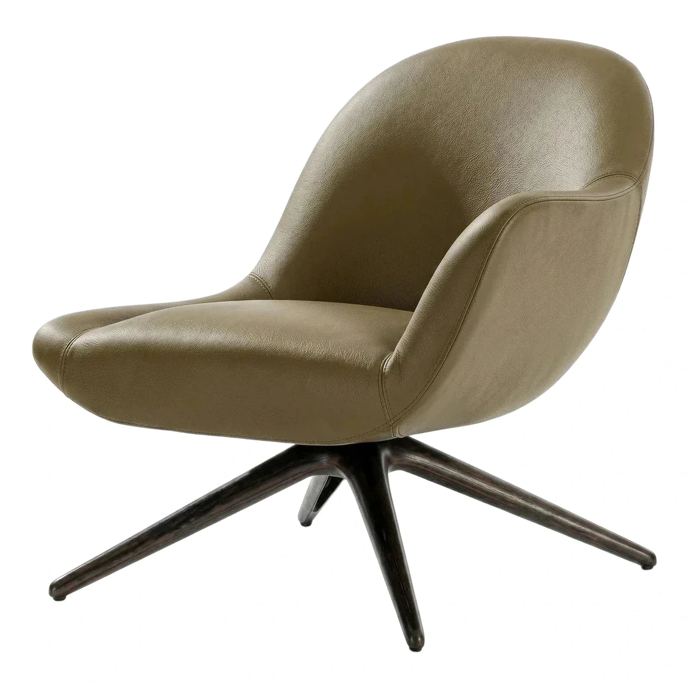 Olive Leather Swivel Lounge Chair Dark Wood Base