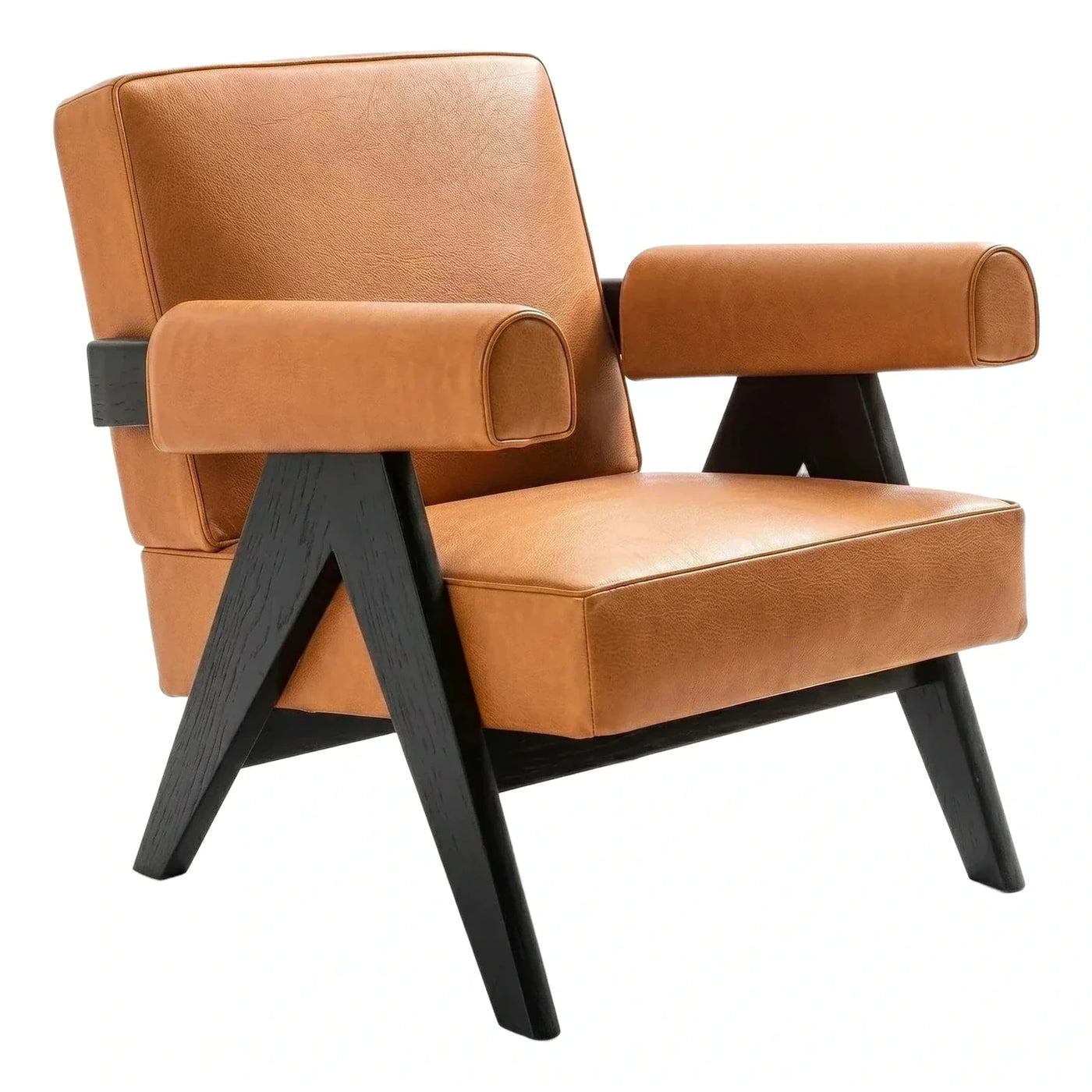 Modern Tan Leather Armchair with Black Wood Frame