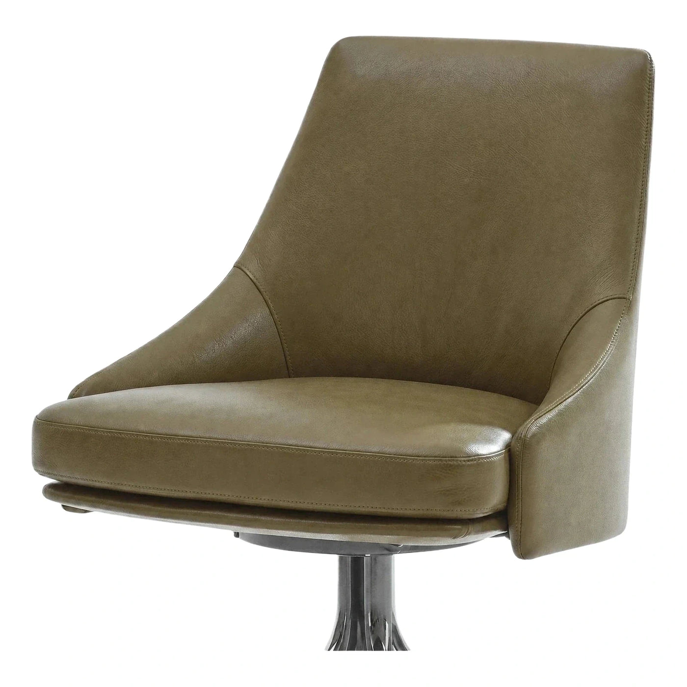 Modern Olive Leather Swivel Armchair with Chrome Base