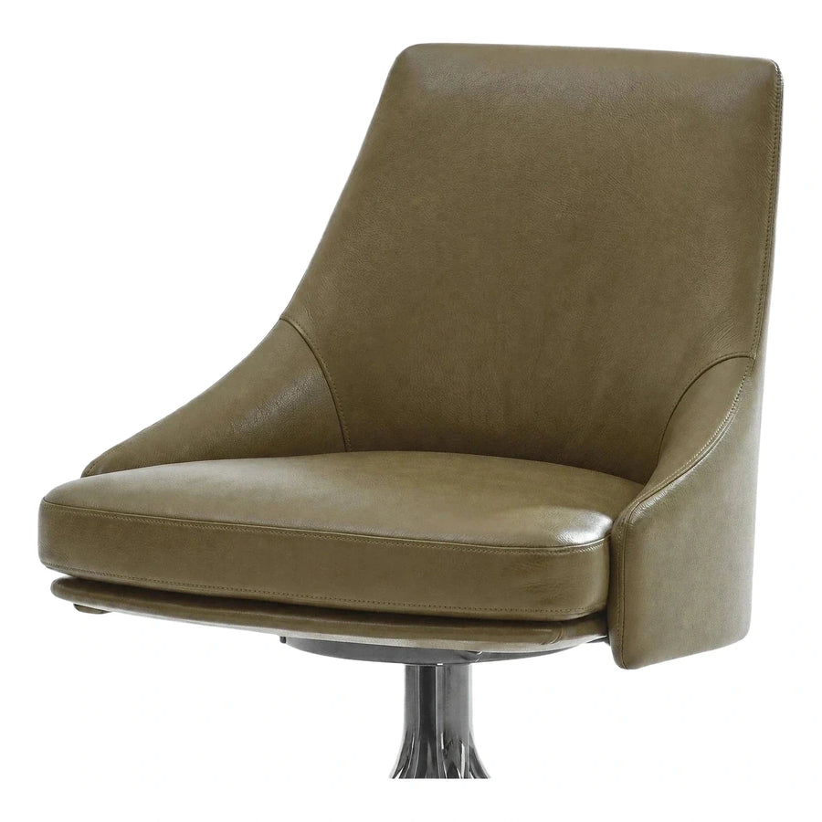 Modern Olive Leather Swivel Armchair with Chrome Base