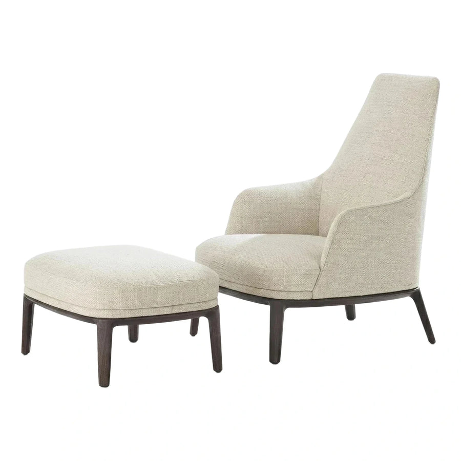 Cream Fabric Lounge Chair and Ottoman with Wood Legs