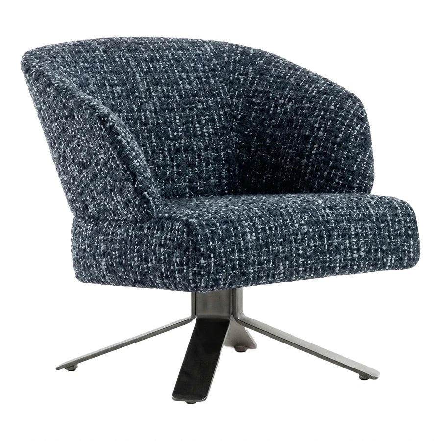 Textured Blue Boucle Swivel Armchair with Metal Base
