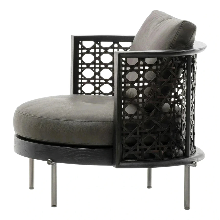 Modern Dark Wood Lattice Armchair with Grey Leather