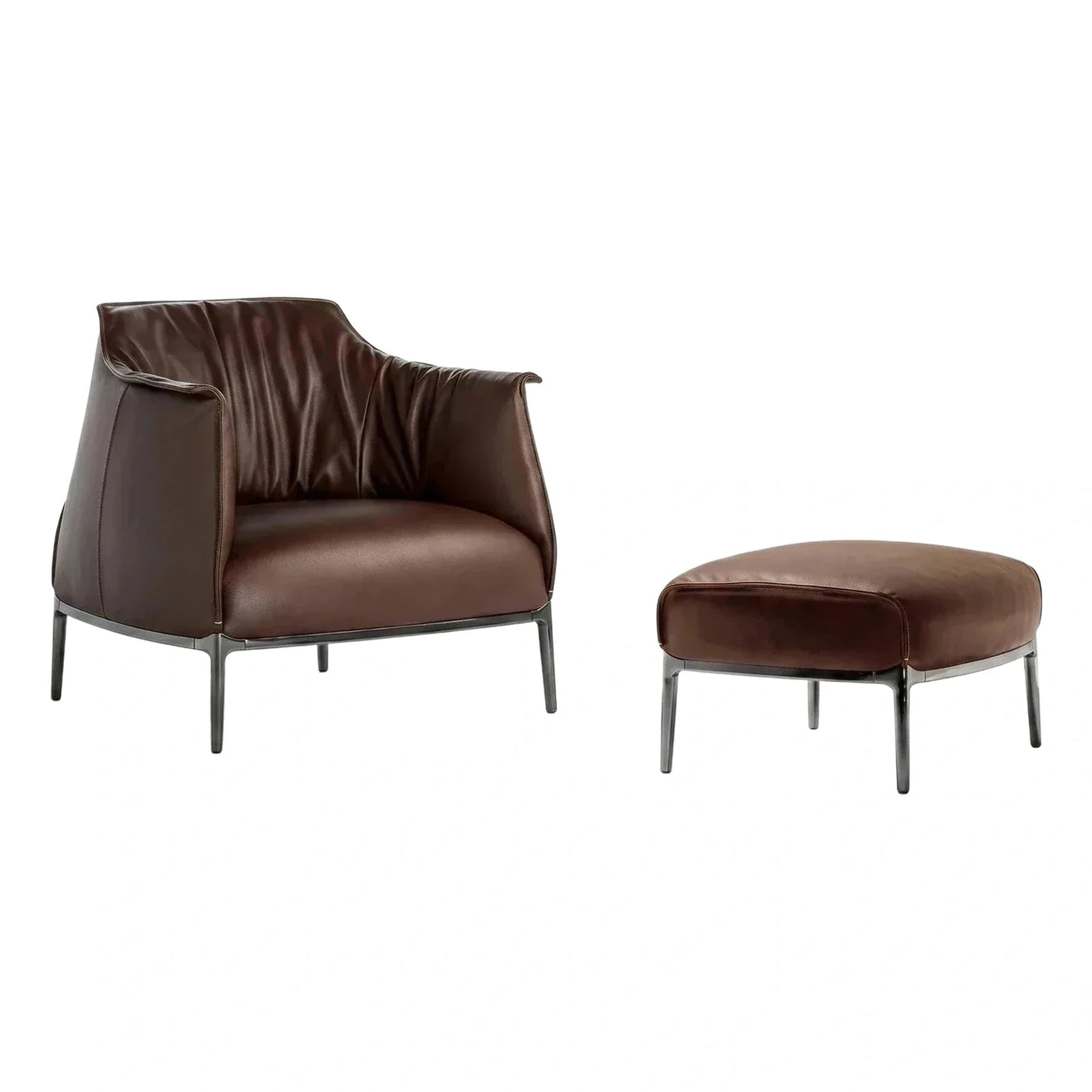 Modern Brown Leather Armchair and Ottoman Set