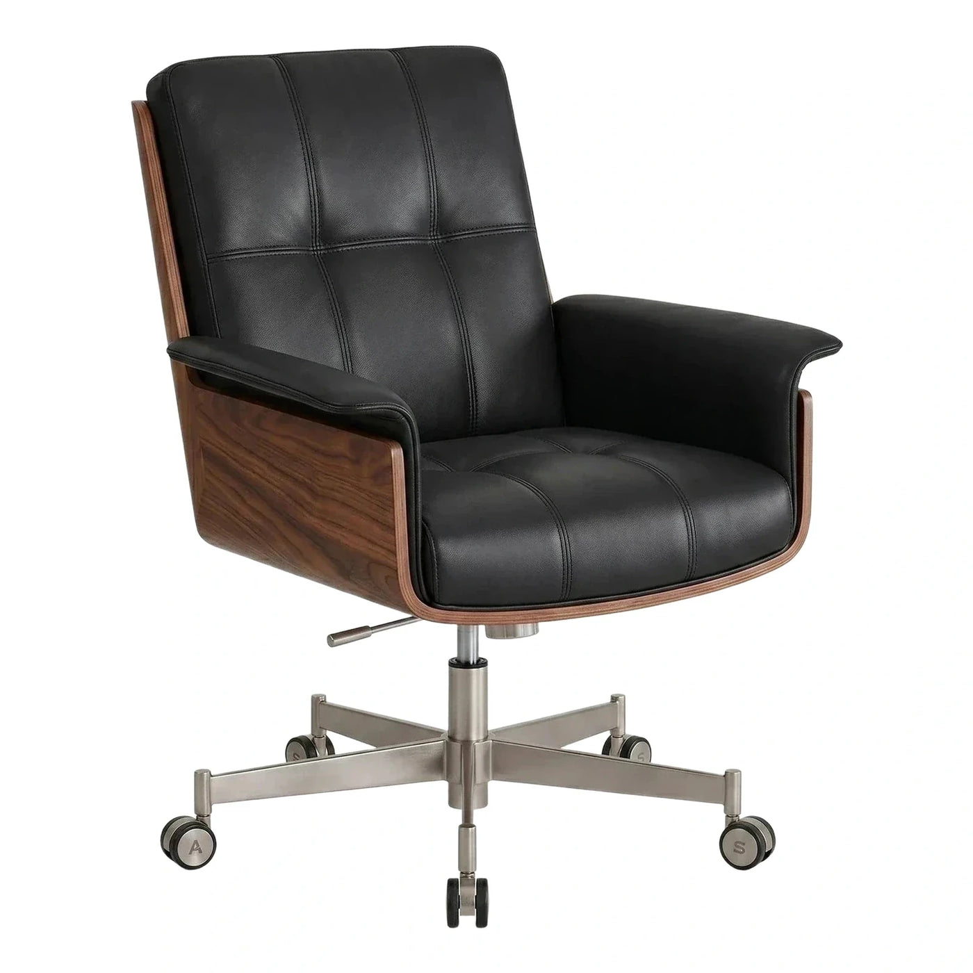 Black Leather Executive Swivel Chair with Wood Shell
