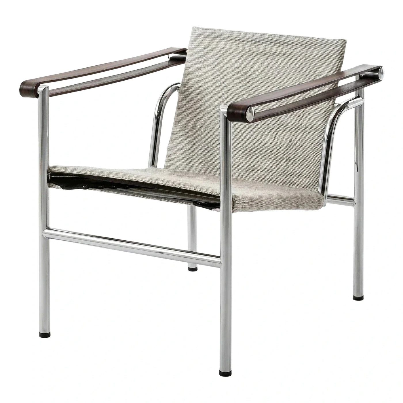 Modern Chrome Armchair with Dark Wood Arms and Grey Fabric