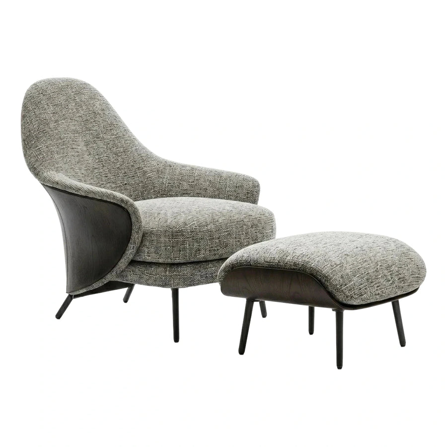 Grey Textured Lounge Chair and Ottoman with Wood Shell