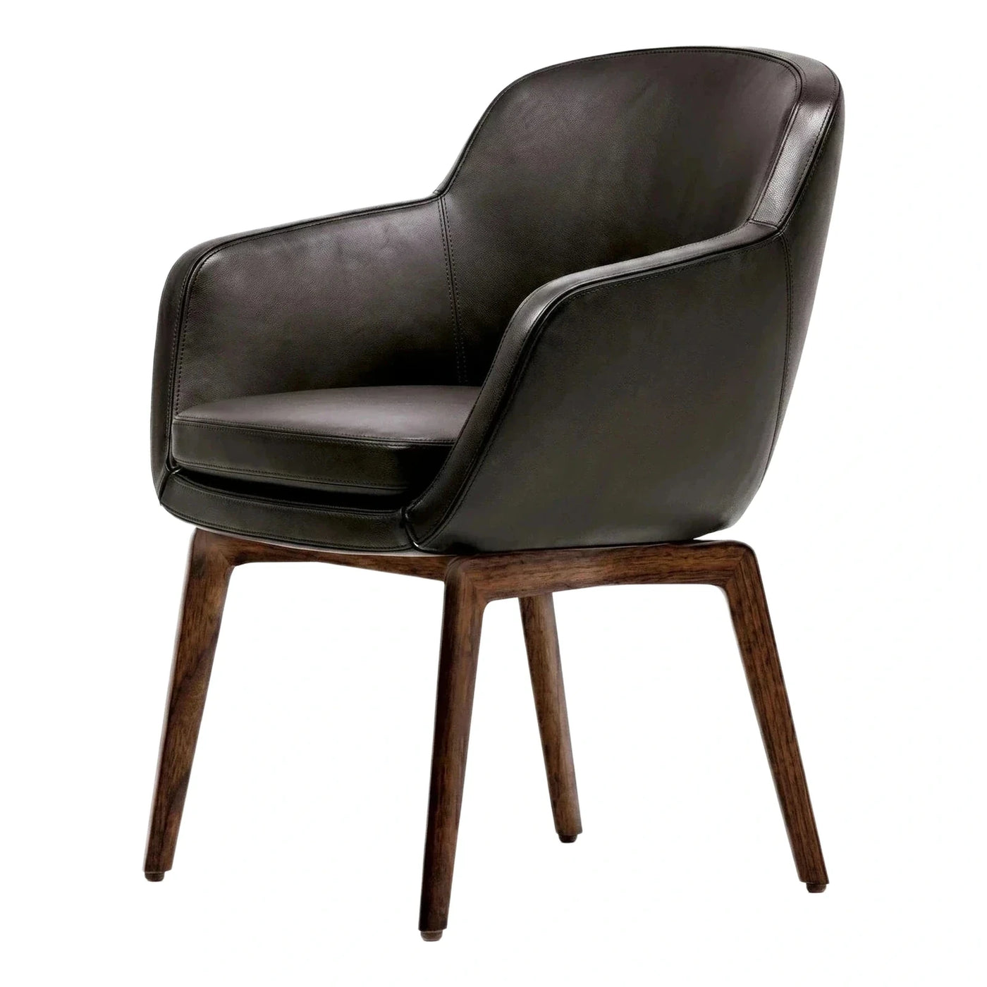 Modern Dark Brown Leather Armchair with Wood Legs