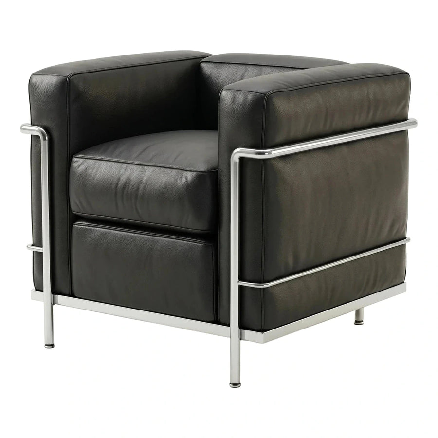Modern Black Leather Armchair with Chrome Frame