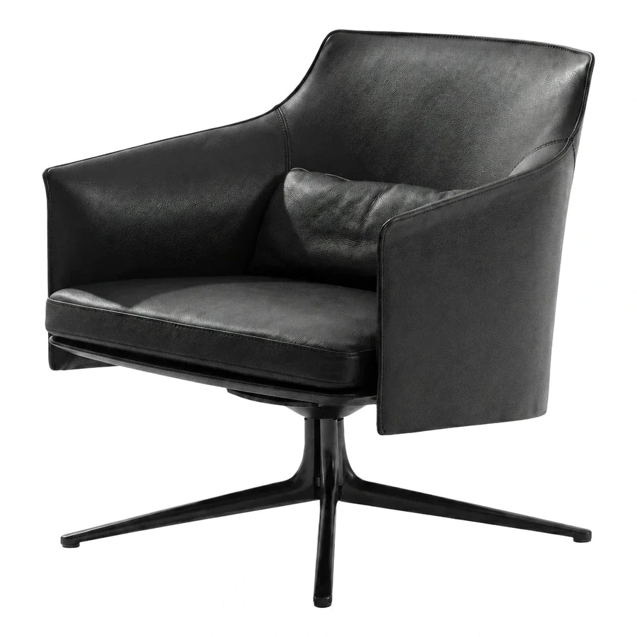 Black Leather Swivel Armchair with Lumbar Pillow