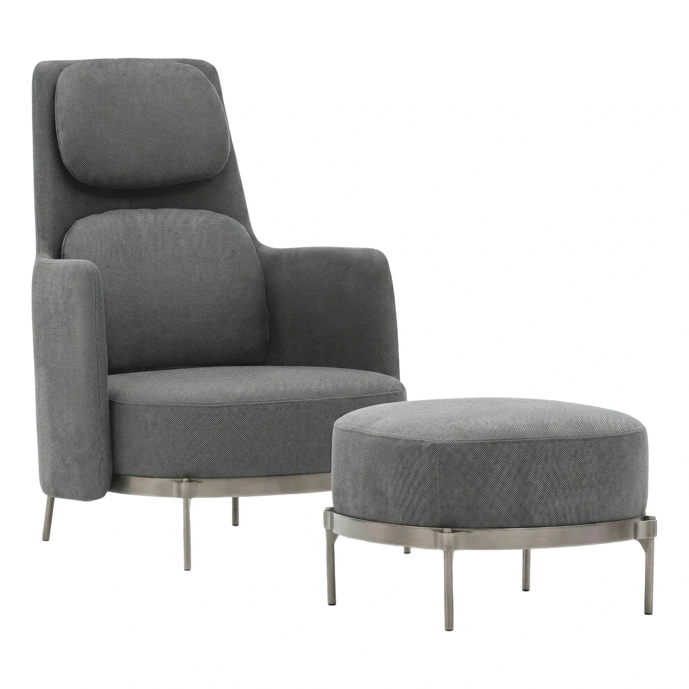 Grey Fabric Lounge Chair with Ottoman and Metal Base