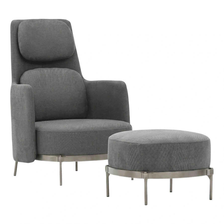 Grey Fabric Lounge Chair with Ottoman and Metal Base