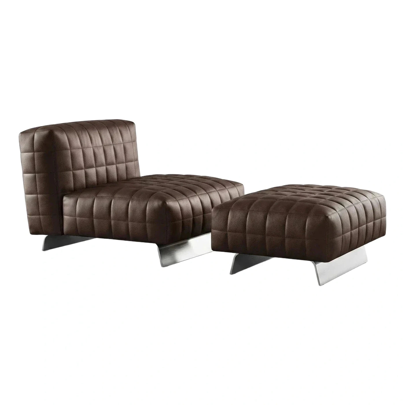 Modern Brown Tufted Leather Lounge Chair and Ottoman