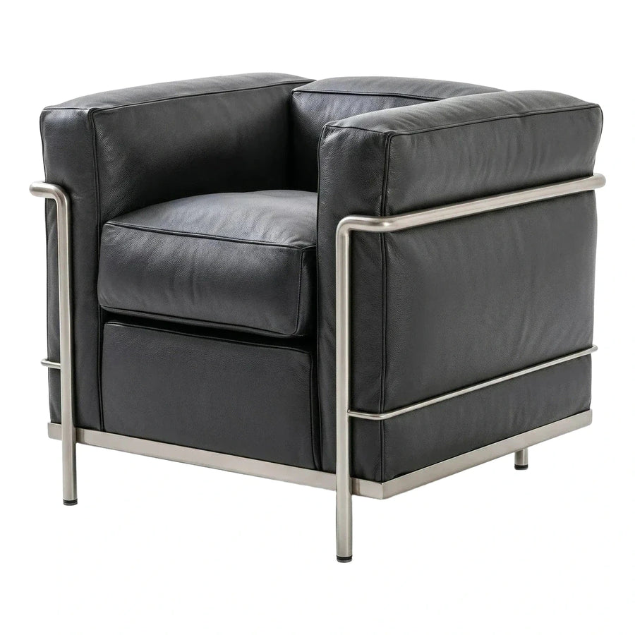 Modern Black Leather Armchair with Steel Frame