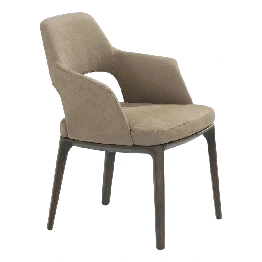 Modern Beige Upholstered Armchair with Dark Wood Legs