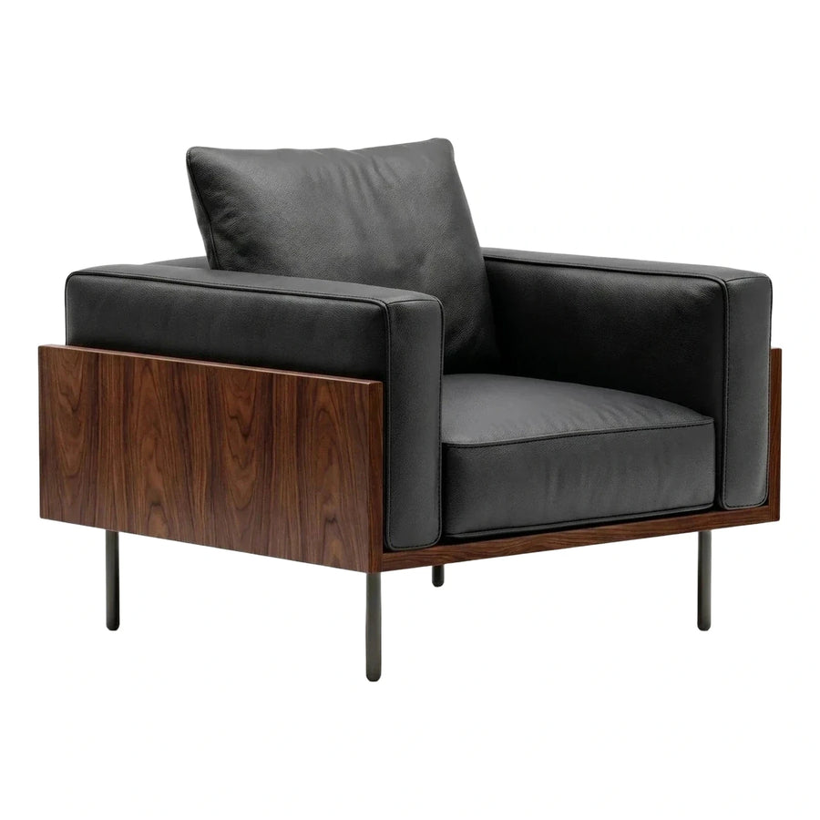 Modern Black Leather Armchair with Dark Wood Frame