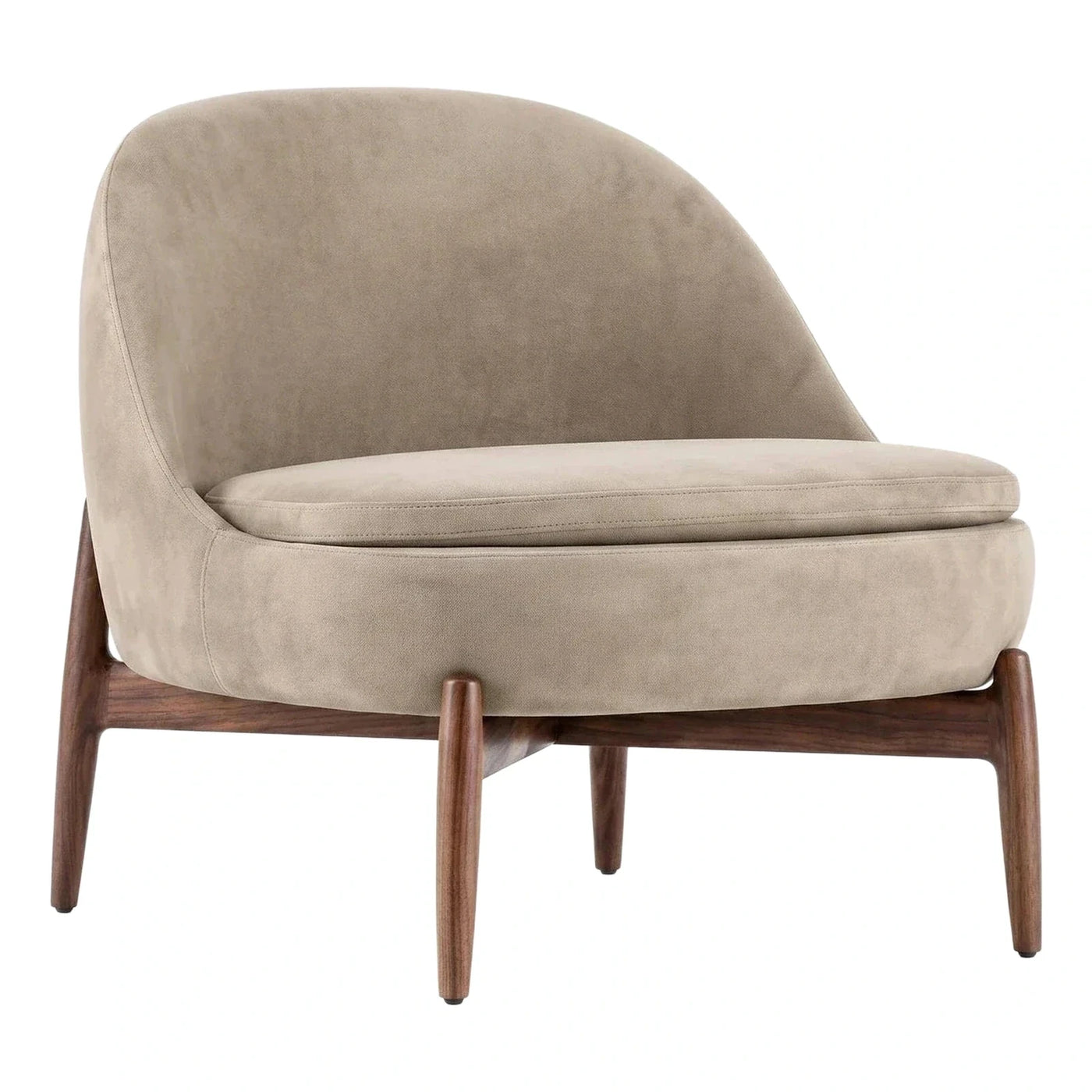 Curved Beige Fabric Lounge Chair with Wood Legs
