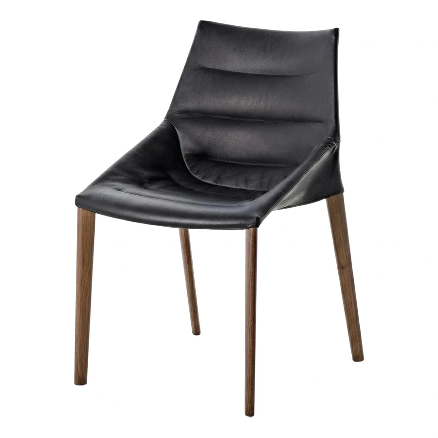 Modern Black Leather Dining Chair with Wooden Legs