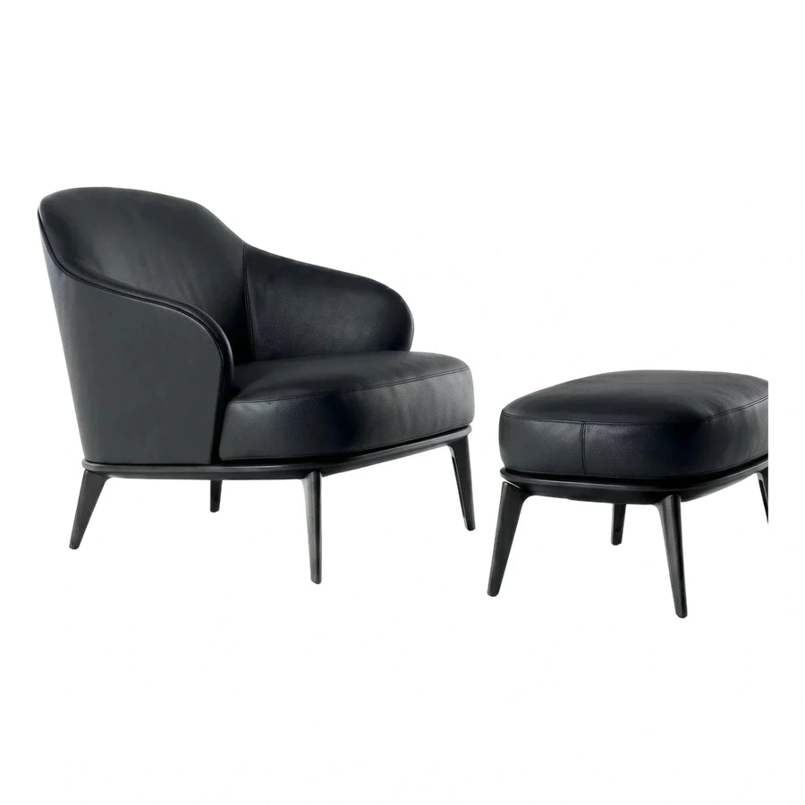 Modern Black Leather Lounge Chair and Ottoman