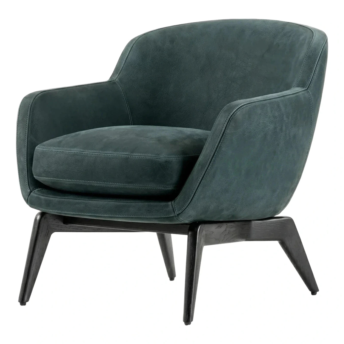 Modern Dark Green Leather Lounge Chair with Wood Base