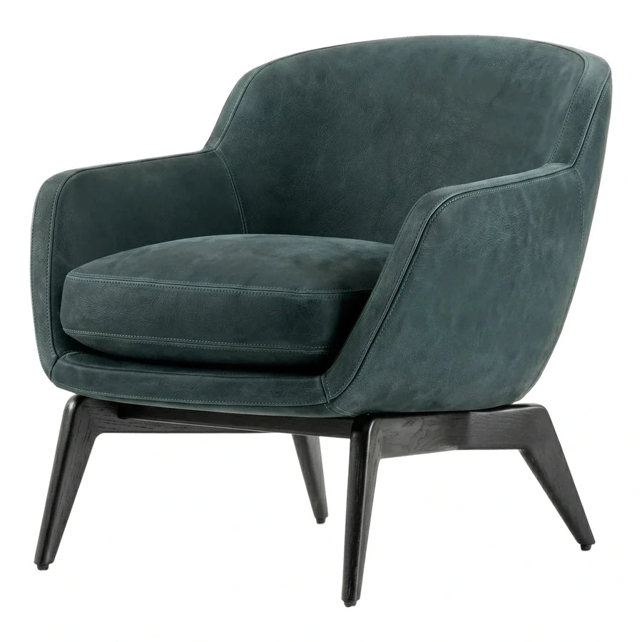 Modern Dark Green Leather Lounge Chair with Wood Base