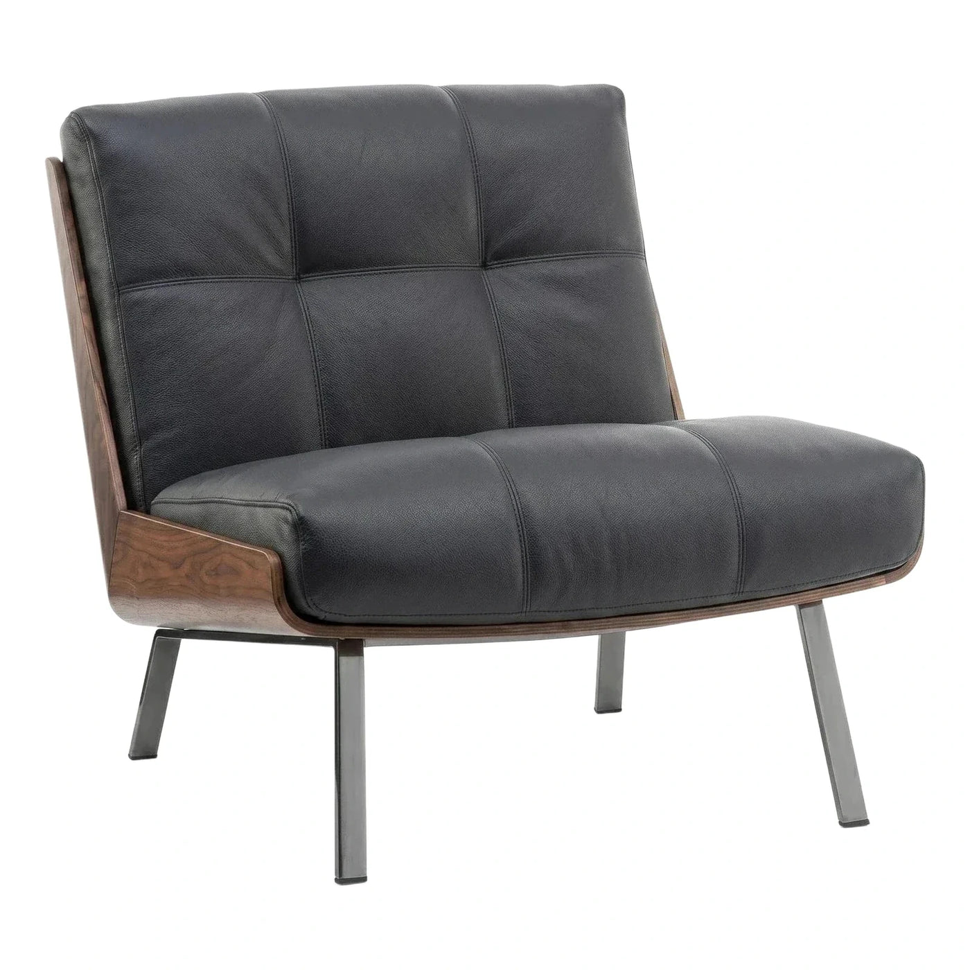 Modern Black Leather Lounge Chair with Wood Frame