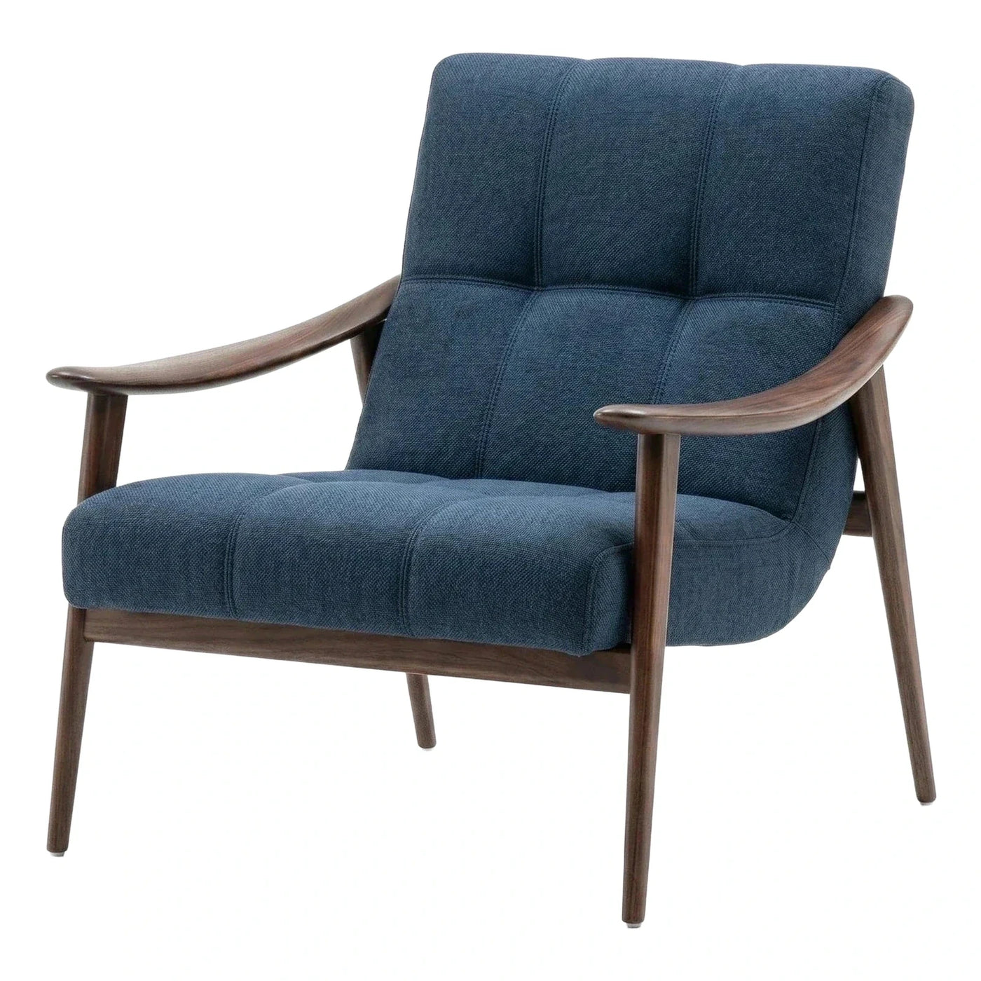 Blue Upholstered Armchair with Wooden Frame and Curved Arms