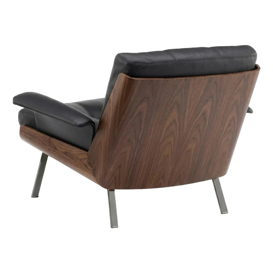 Modern Black Leather Lounge Chair with Wood Shell