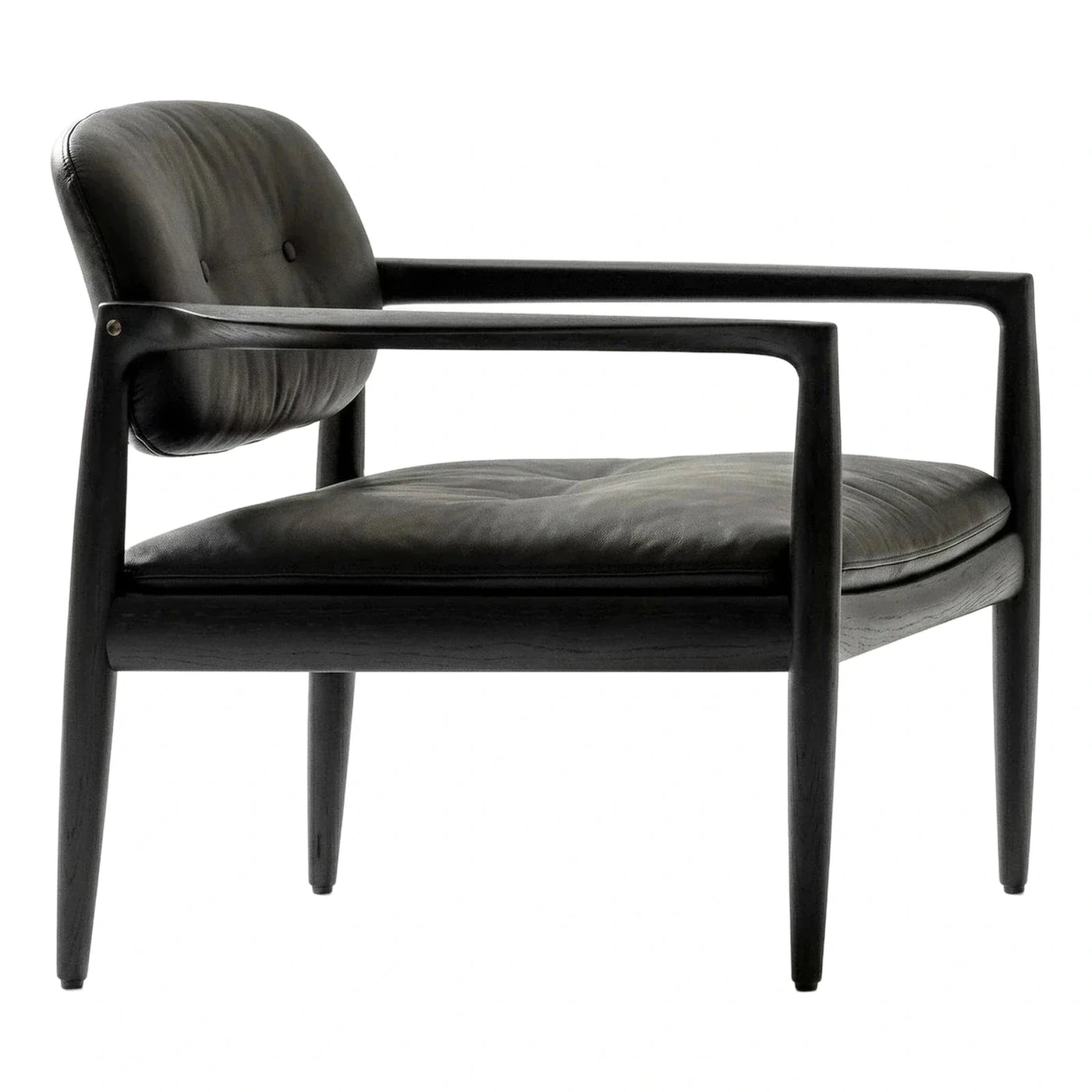 Modern Black Leather Armchair with Dark Wood Frame
