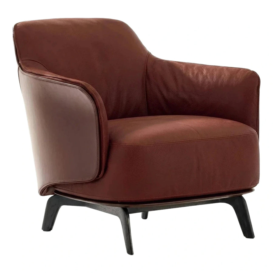 Modern Brown Leather Lounge Chair with Dark Wood Base