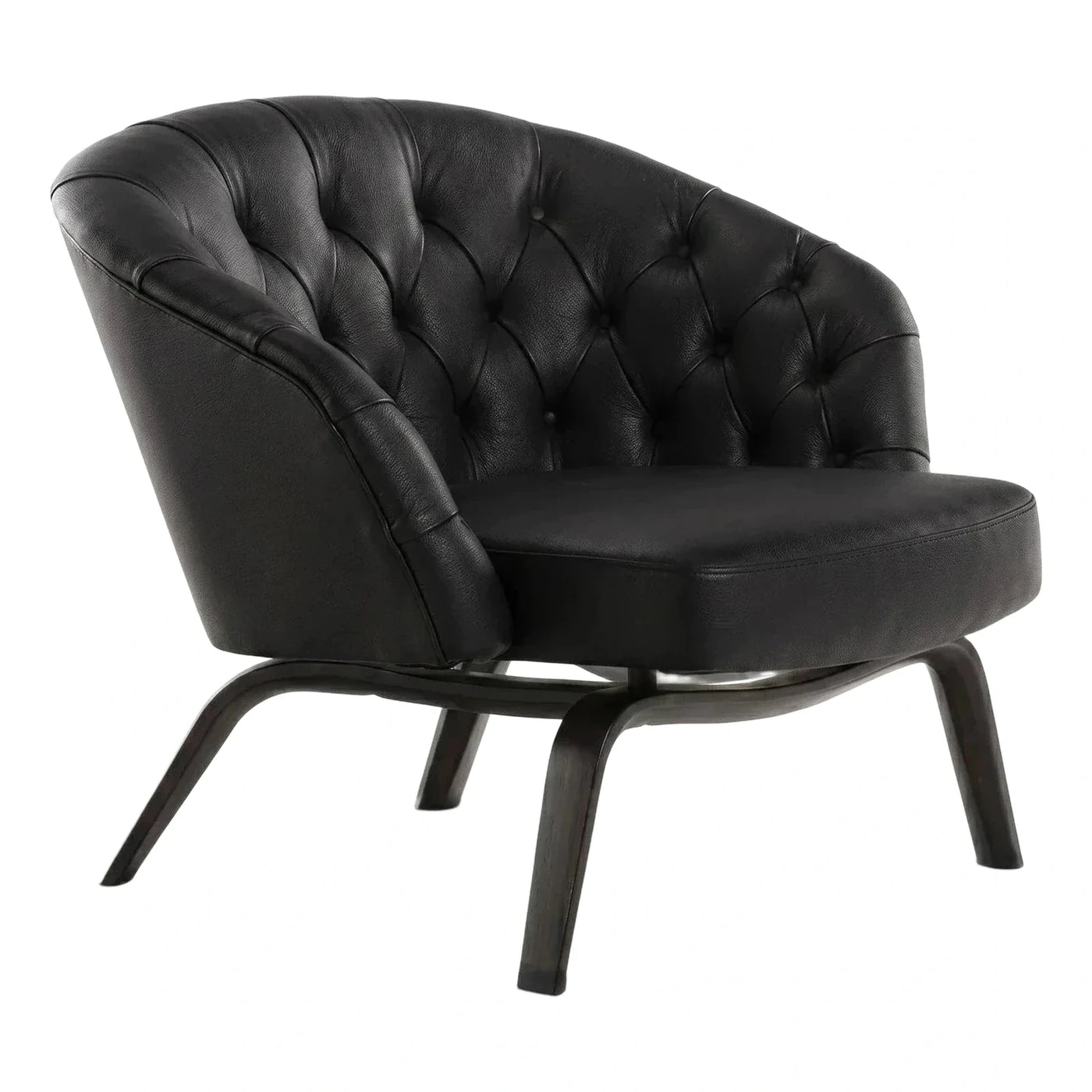 Black Tufted Leather Armchair with Curved Wood Legs