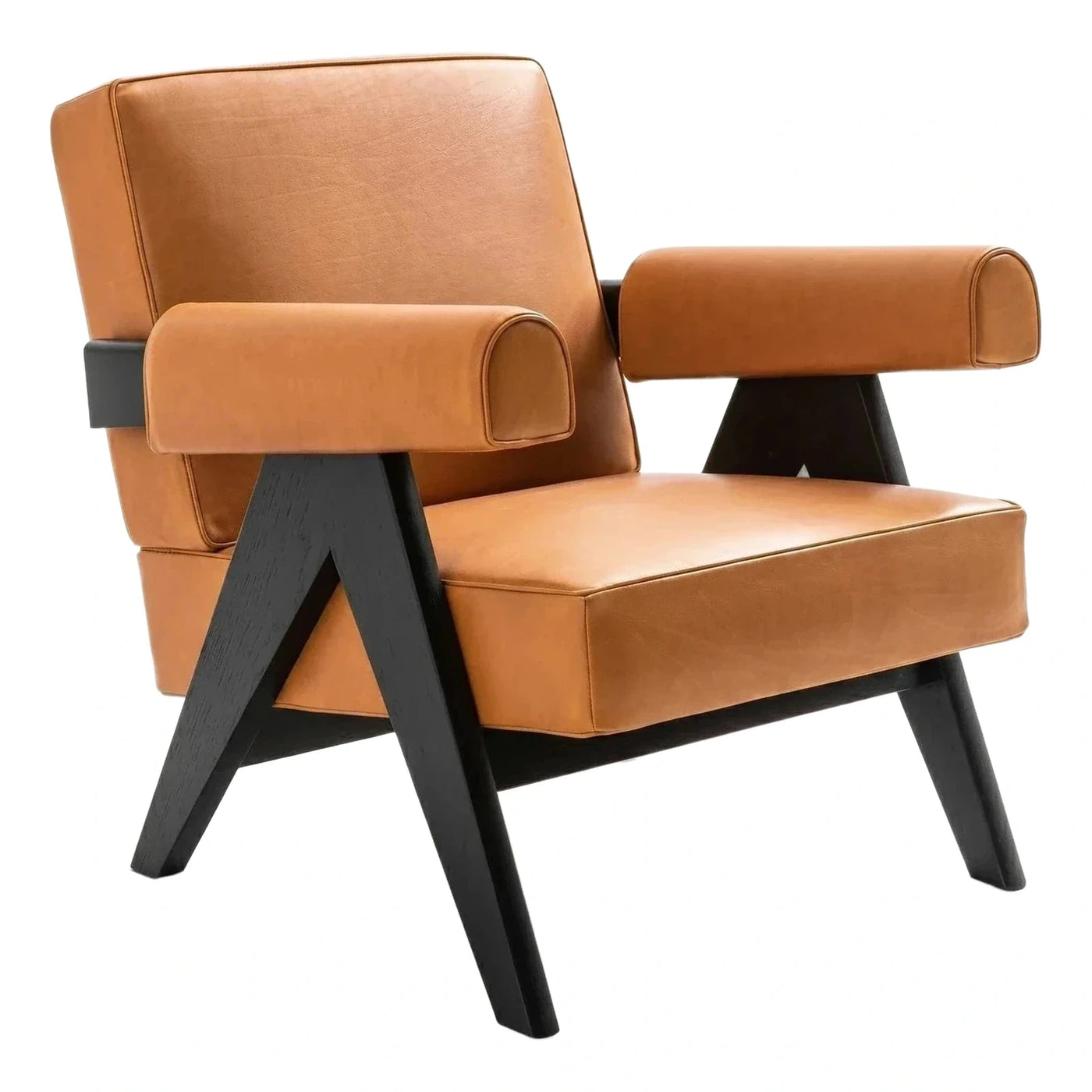Modern Tan Leather Armchair with Black Wood Frame