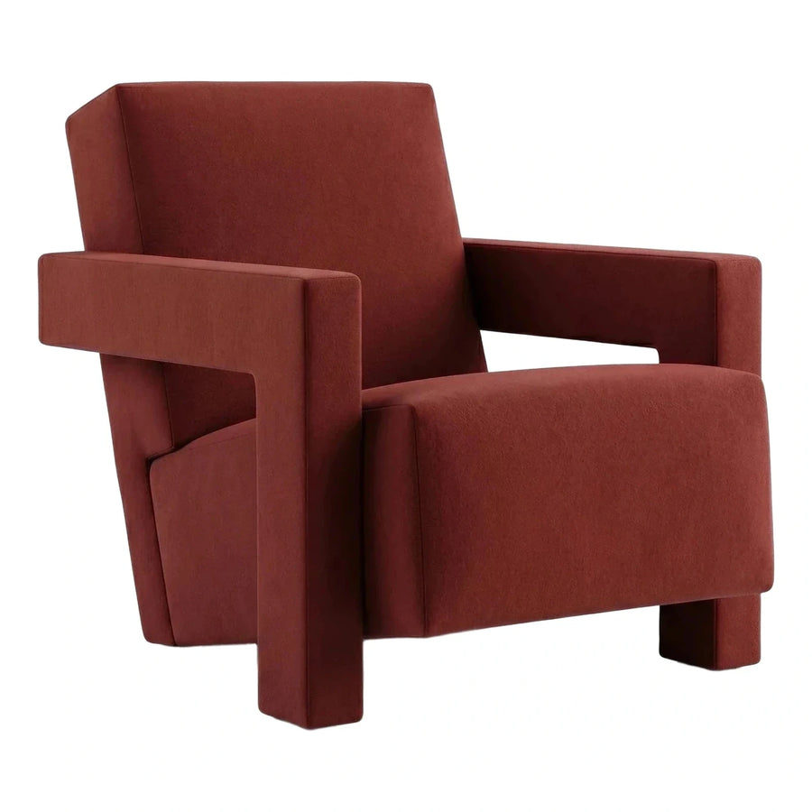 Modern Rust Fabric Armchair with Geometric Block Arms