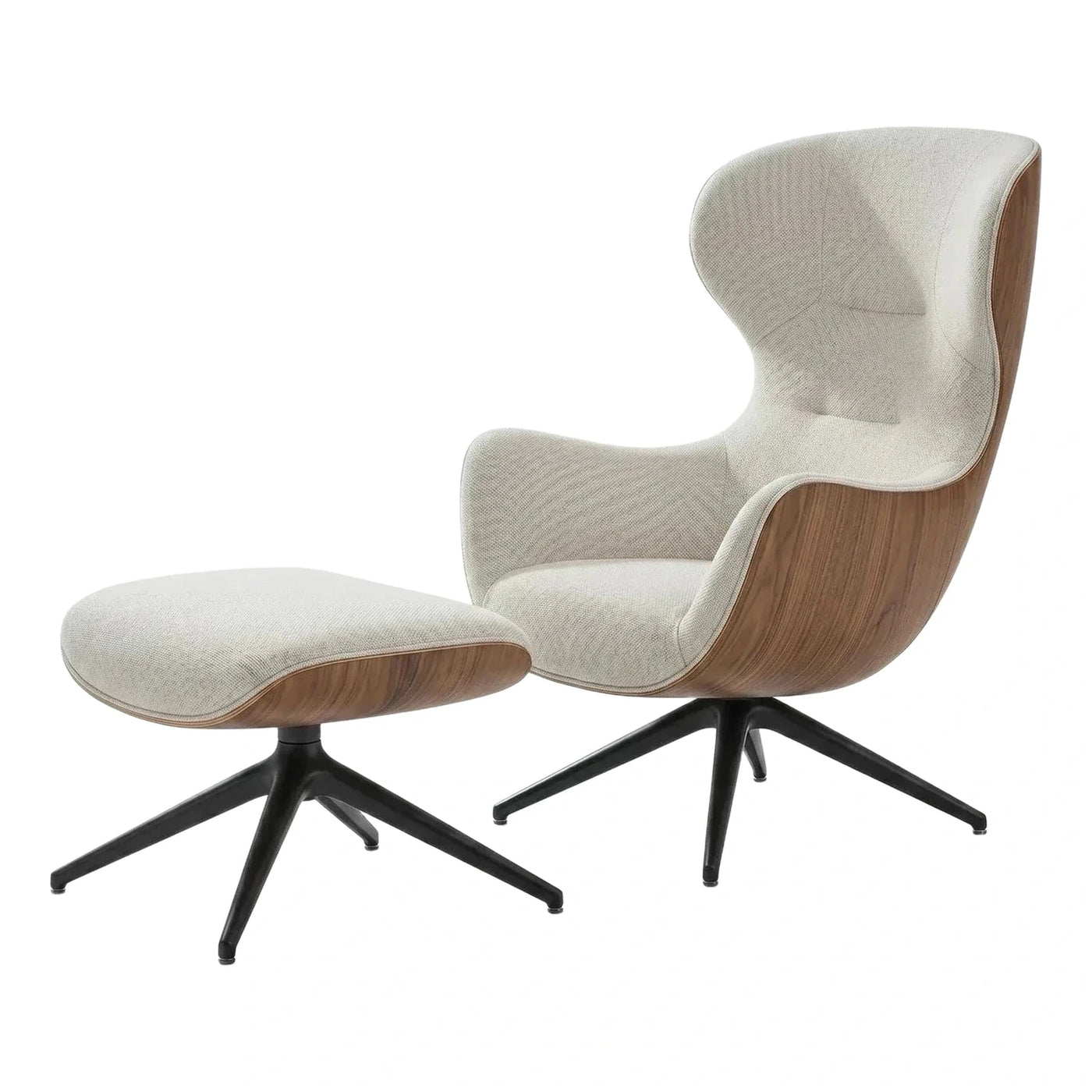 Modern Cream Fabric Curved Wood Lounge Chair Ottoman