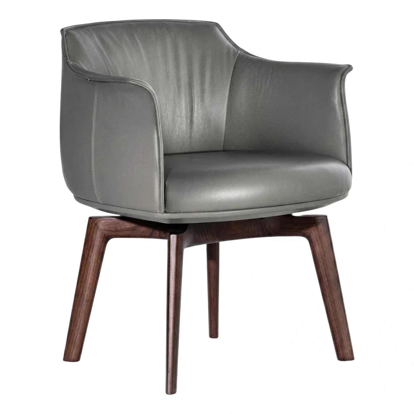 Modern Grey Leather Armchair with Dark Wood Legs