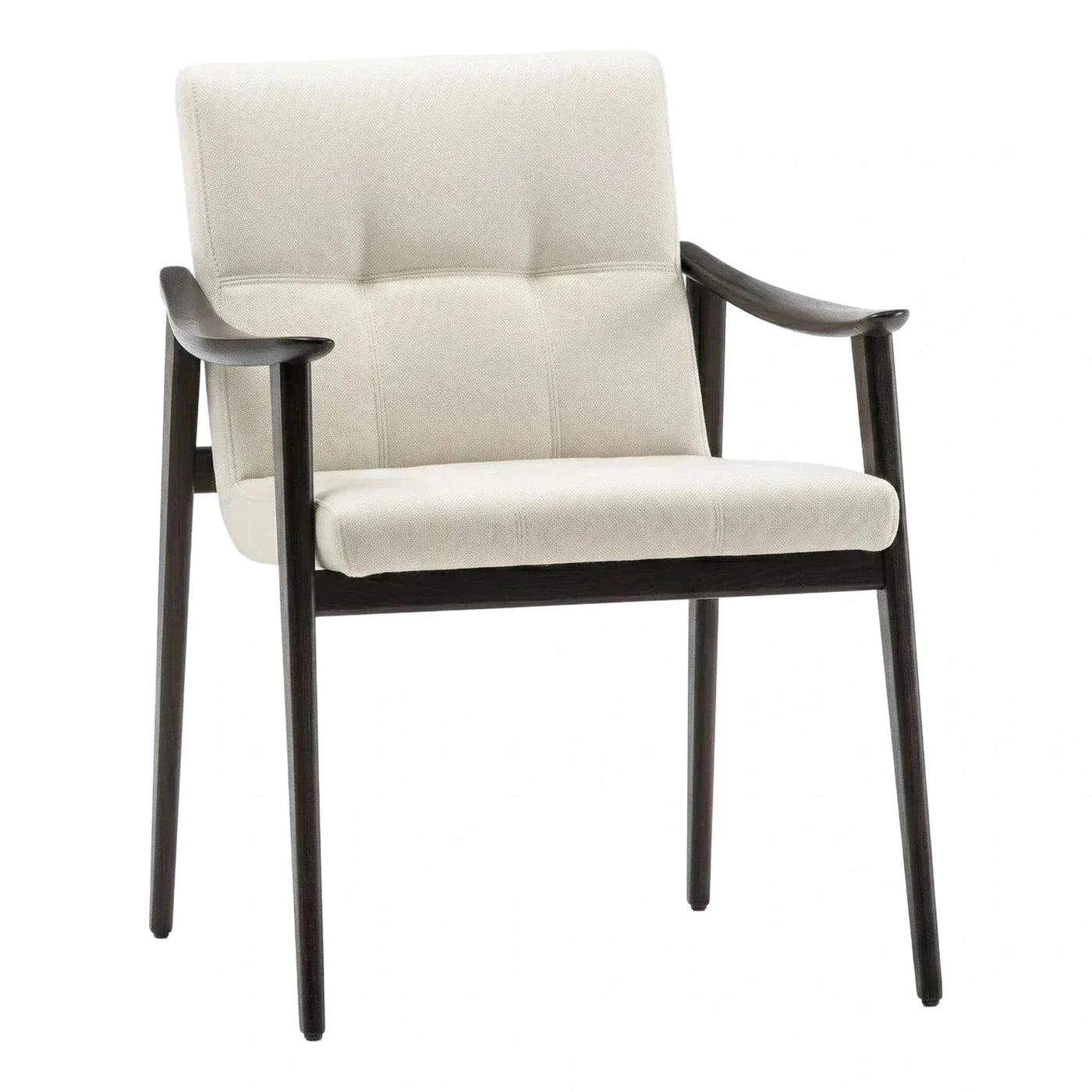 Cream Upholstered Armchair with Dark Wood Frame and Curved Arms