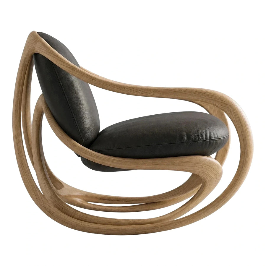 Sculptural Curved Wood Frame Leather Lounge Chair