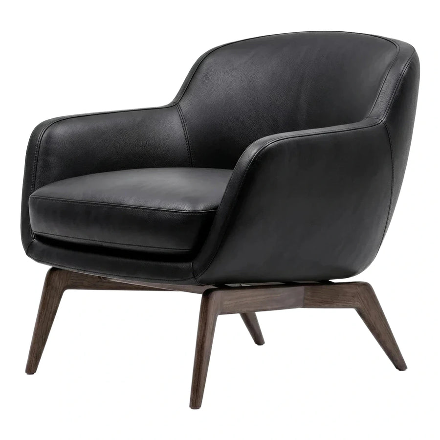 Modern Black Leather Armchair with Dark Wood Legs