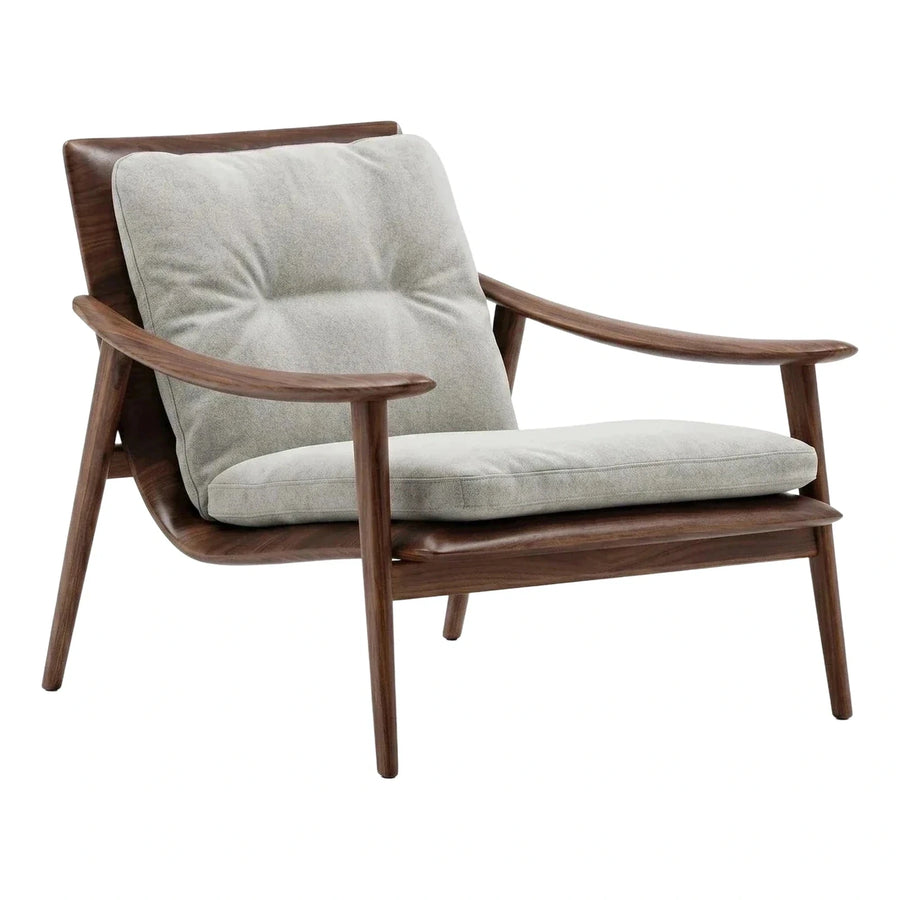 Mid-Century Modern Dark Wood Lounge Chair with Grey Cushions